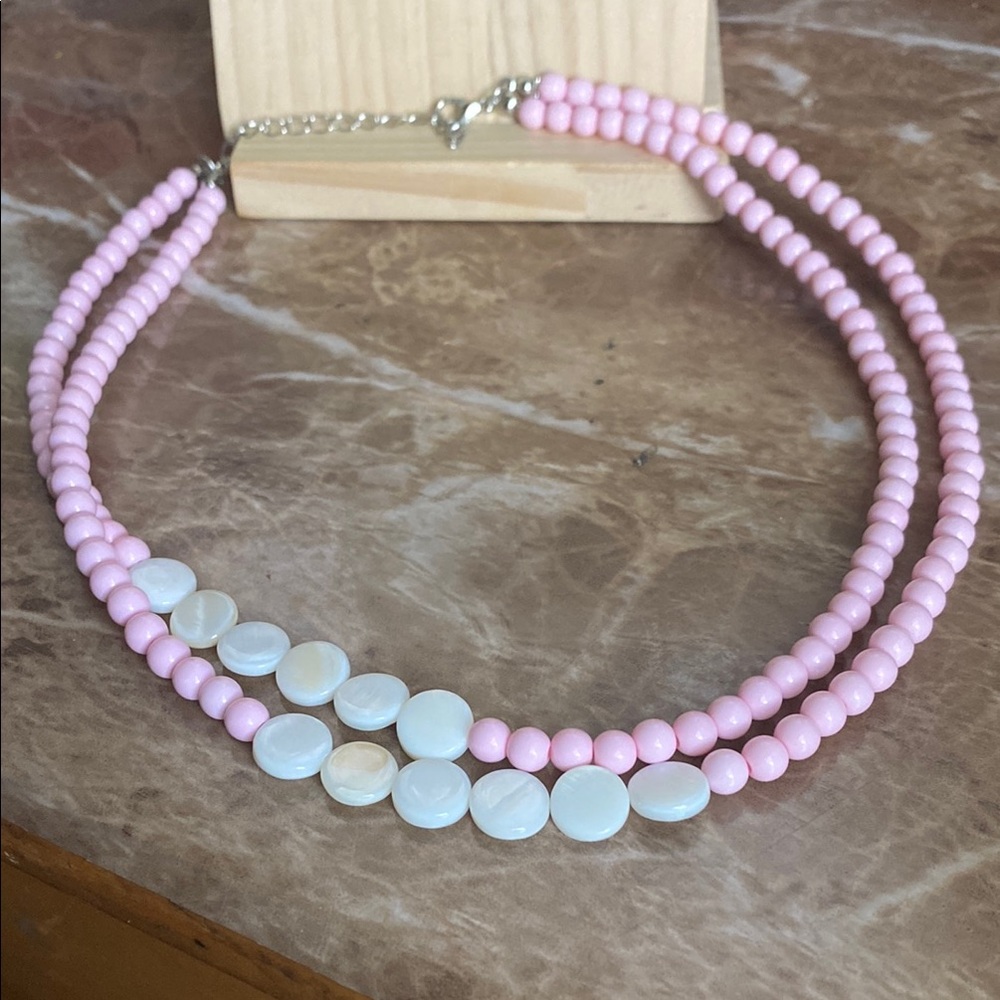 Used Pink and White plastic Beaded Necklace